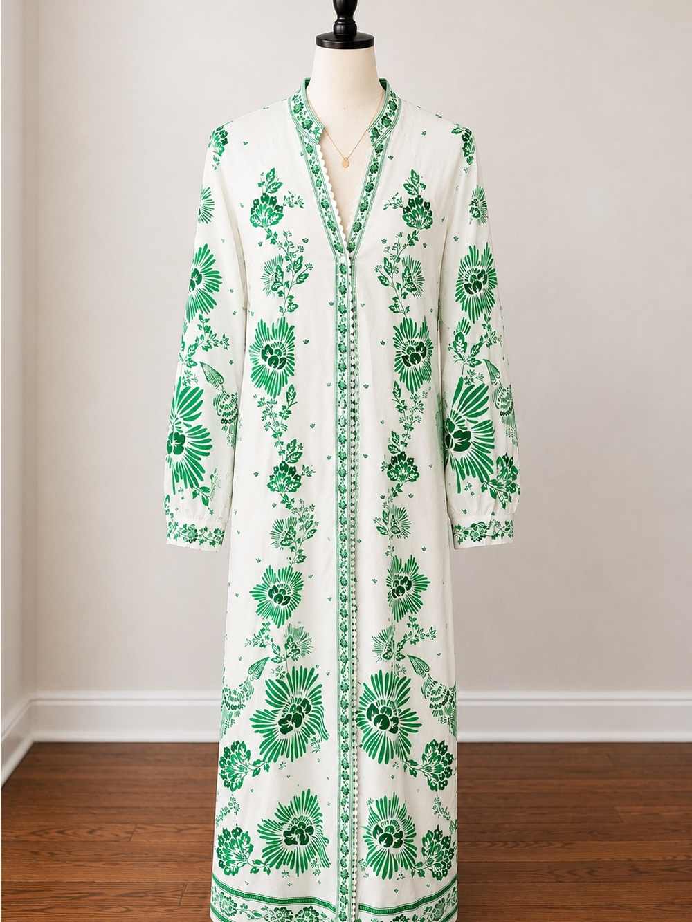 White Maxi Dress with Green Floral Print